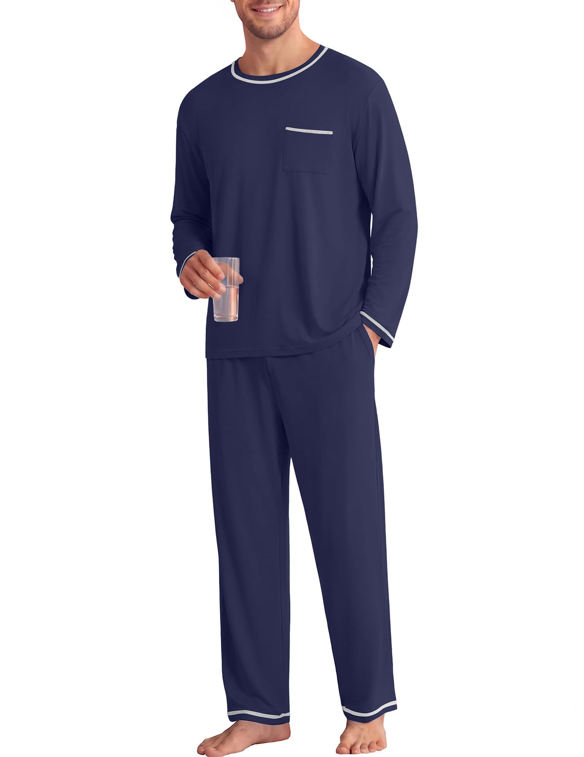 Ekouaer Mens Long Sleeve T-Shirt Pajama Set Soft 2 Piece Lounge Set