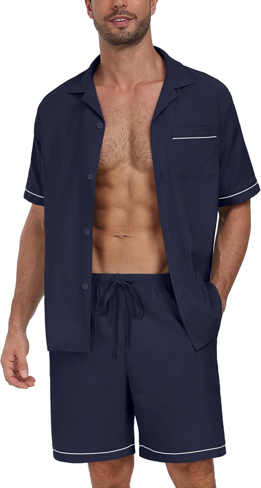PrinStory Men's Pajamas Set Sleepwear Pjs Lightweight Short Sleeve Pajama 2 Piece Comfy Loungewear with Pockets S-2XL