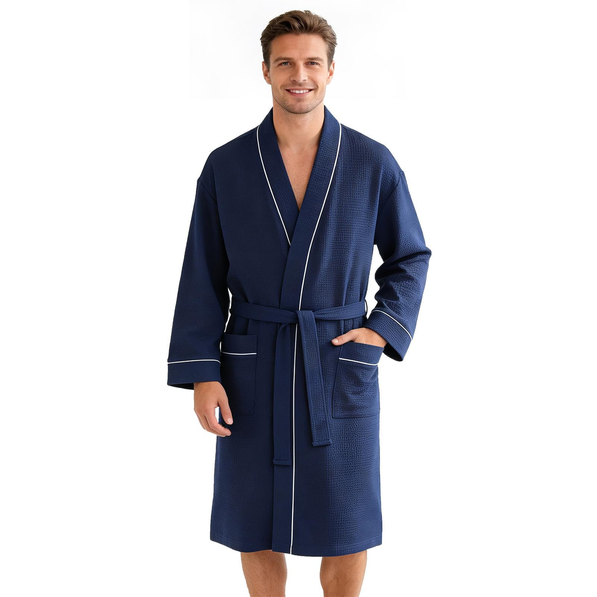 Inner Wish men's Cotton Waffle Kimono Robe, Lightweight Soft Spa Shower Bathrobe, Hotel Lounge Robes for Men