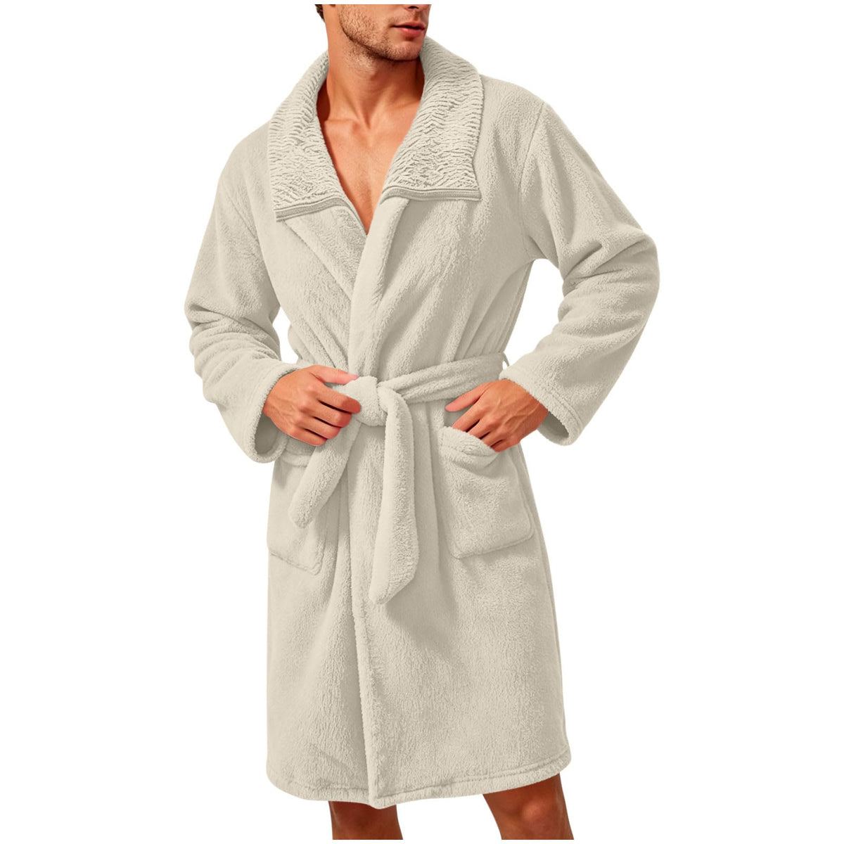 Robe for Men Fuzzy Fleece Collared Long Sleeve Thermal Bathrobe