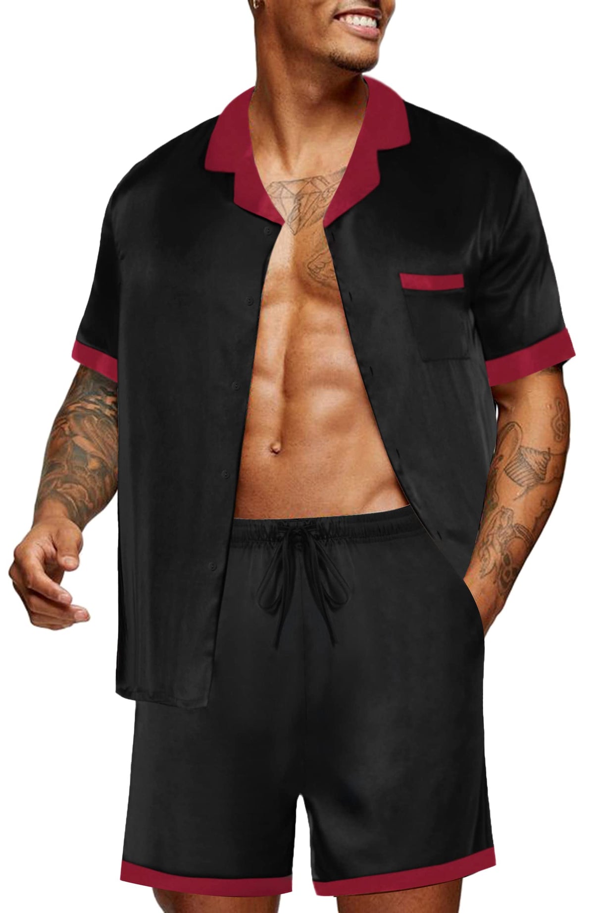 Ekouaer Men Silk Pajamas Set 2 Pieces Satin Pj Button Down Loungewear Sets