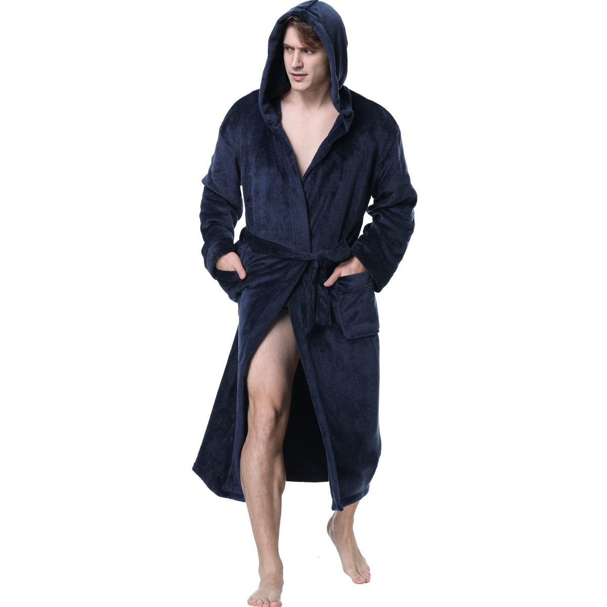 KEMUSI Hooded Herringbone Men's Soft Spa Full Lenght Bathrobe,Comfy Full Length Warm Nightdress