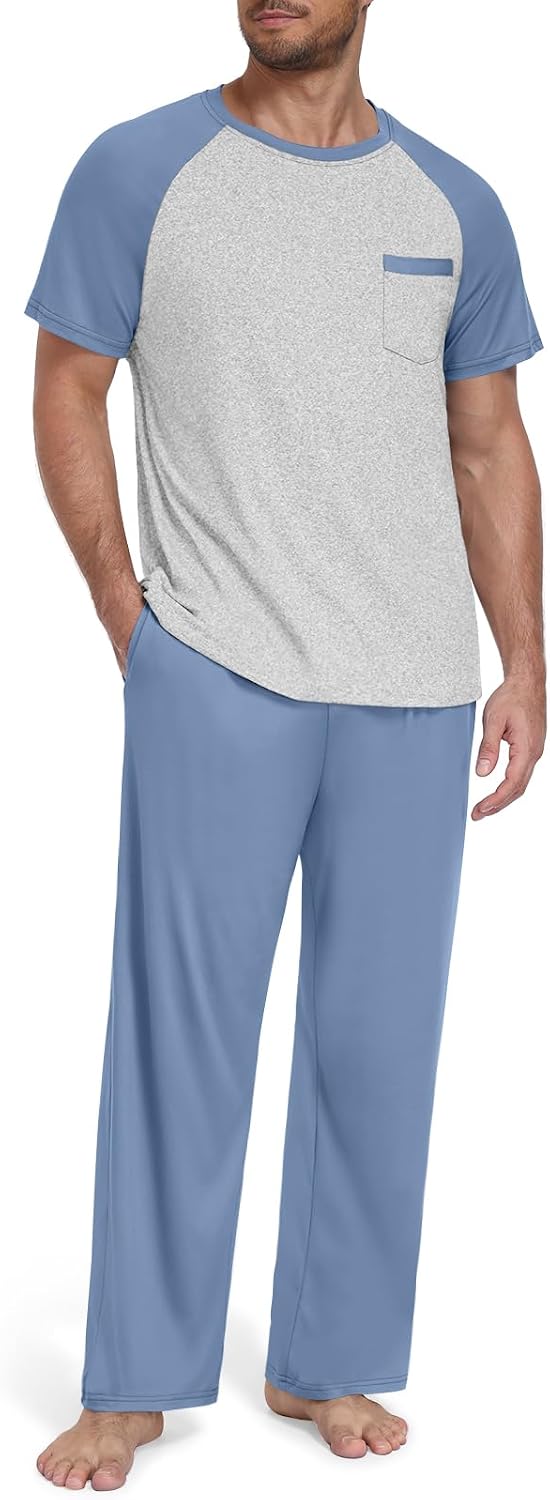 Yincro Mens Pajama Set Short Sleeve Pjs with Pocket Sleepwear Loungewear