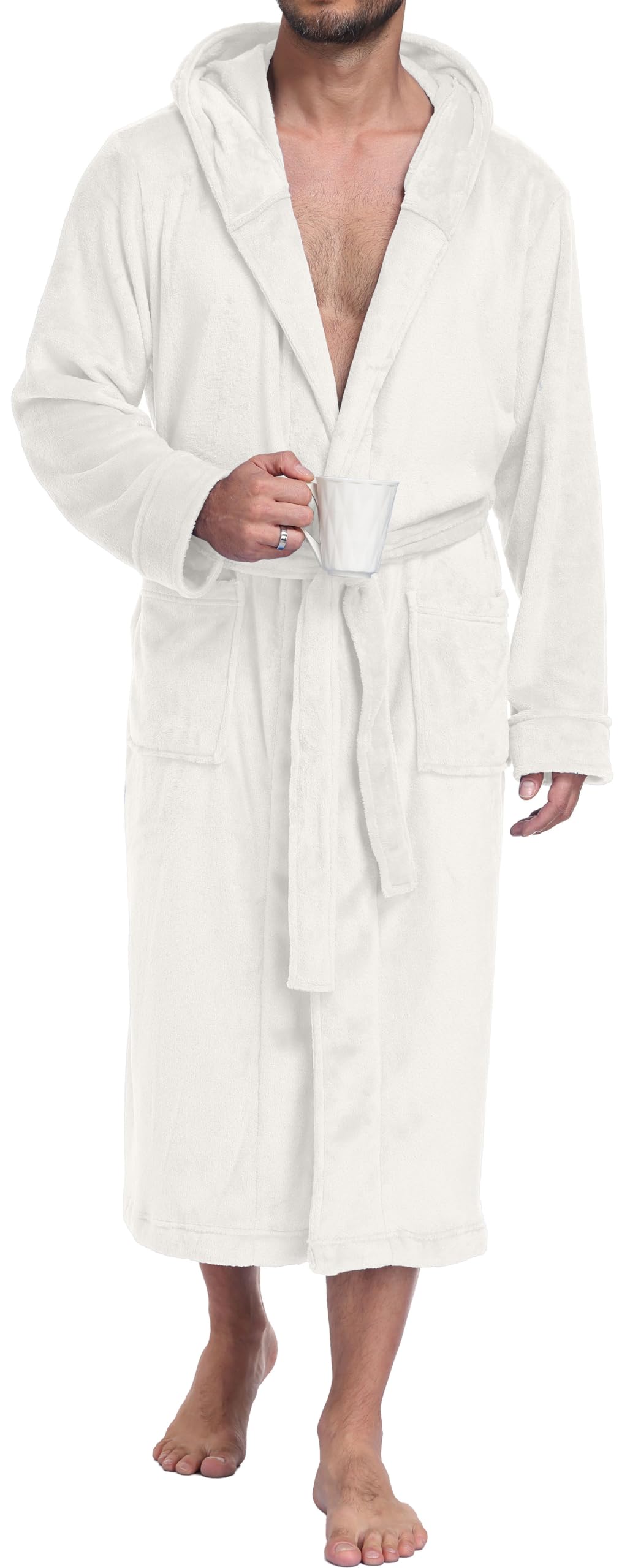 PrinStory Mens Hooded Robe Plush Fleece Robes Soft Long Bathrobe