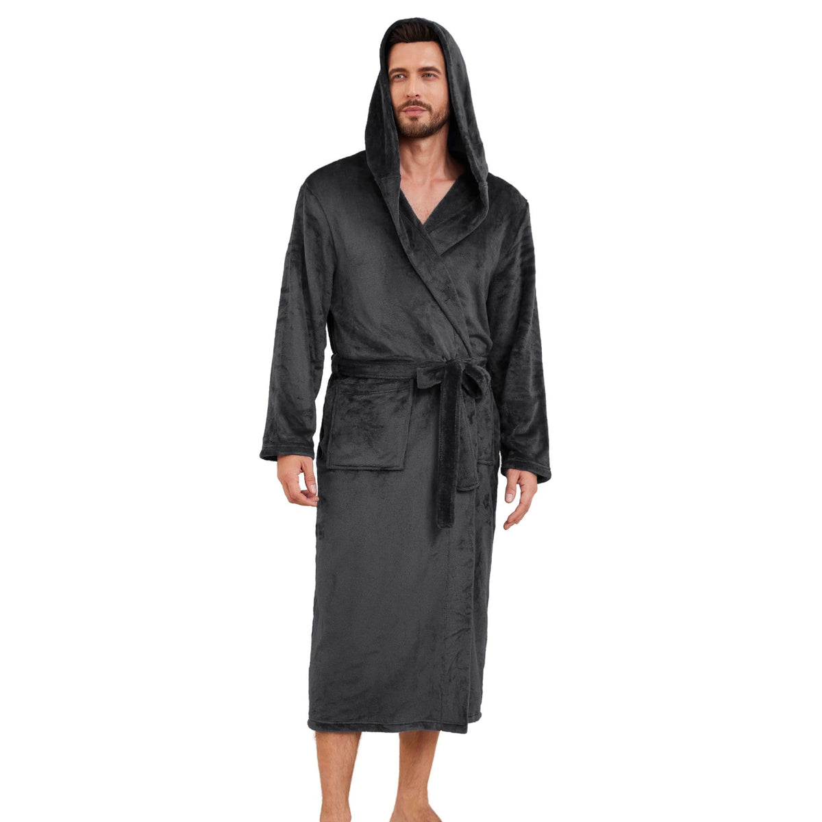Men's Hooded Robe, Soft Warm Fleece Long Bathrobe with Pockets