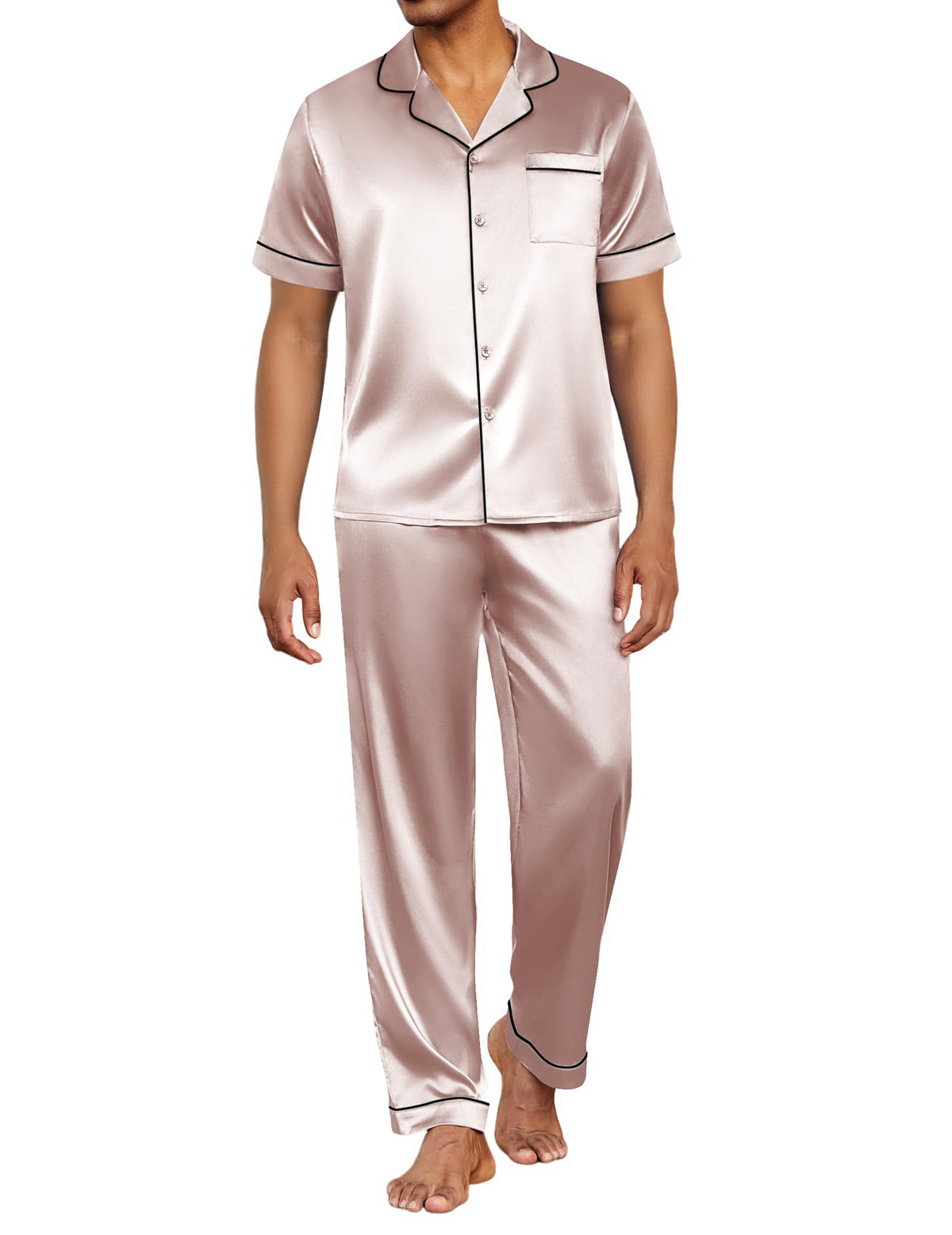 Ekouaer Mens Satin Pajama Set Short Sleeve Button Down Sleepwear with Pant