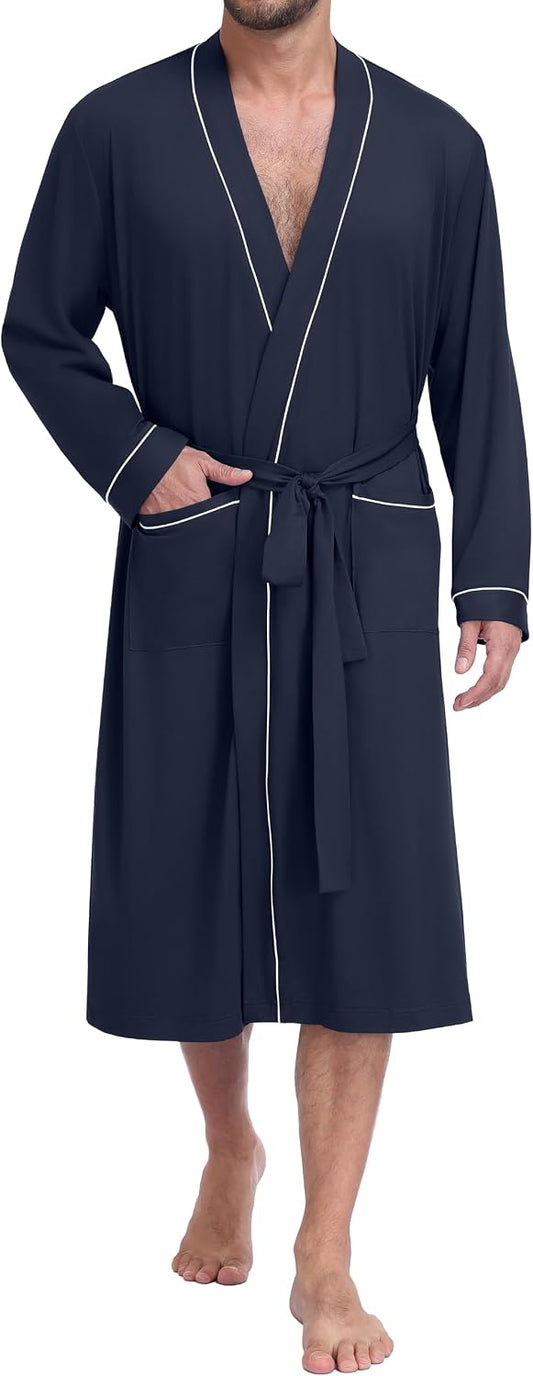 PrinStory Mens Lightweight Robe Soft Knit Kimono Long Bathrobe Loungewear