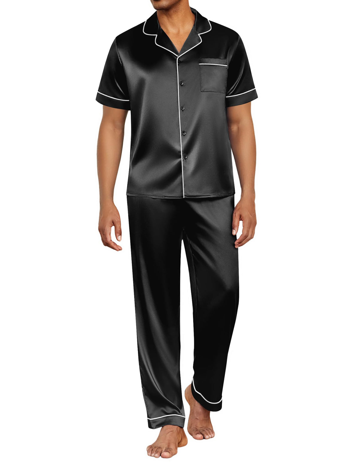 Ekouaer Mens Satin Pajama Set Short Sleeve Button Down Sleepwear with Pant