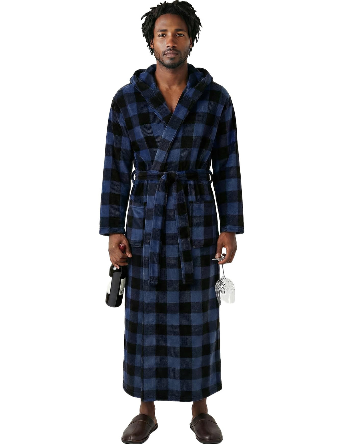 Men's Plush Fleece Hooded Robe with Pockets, Long Bathrobe