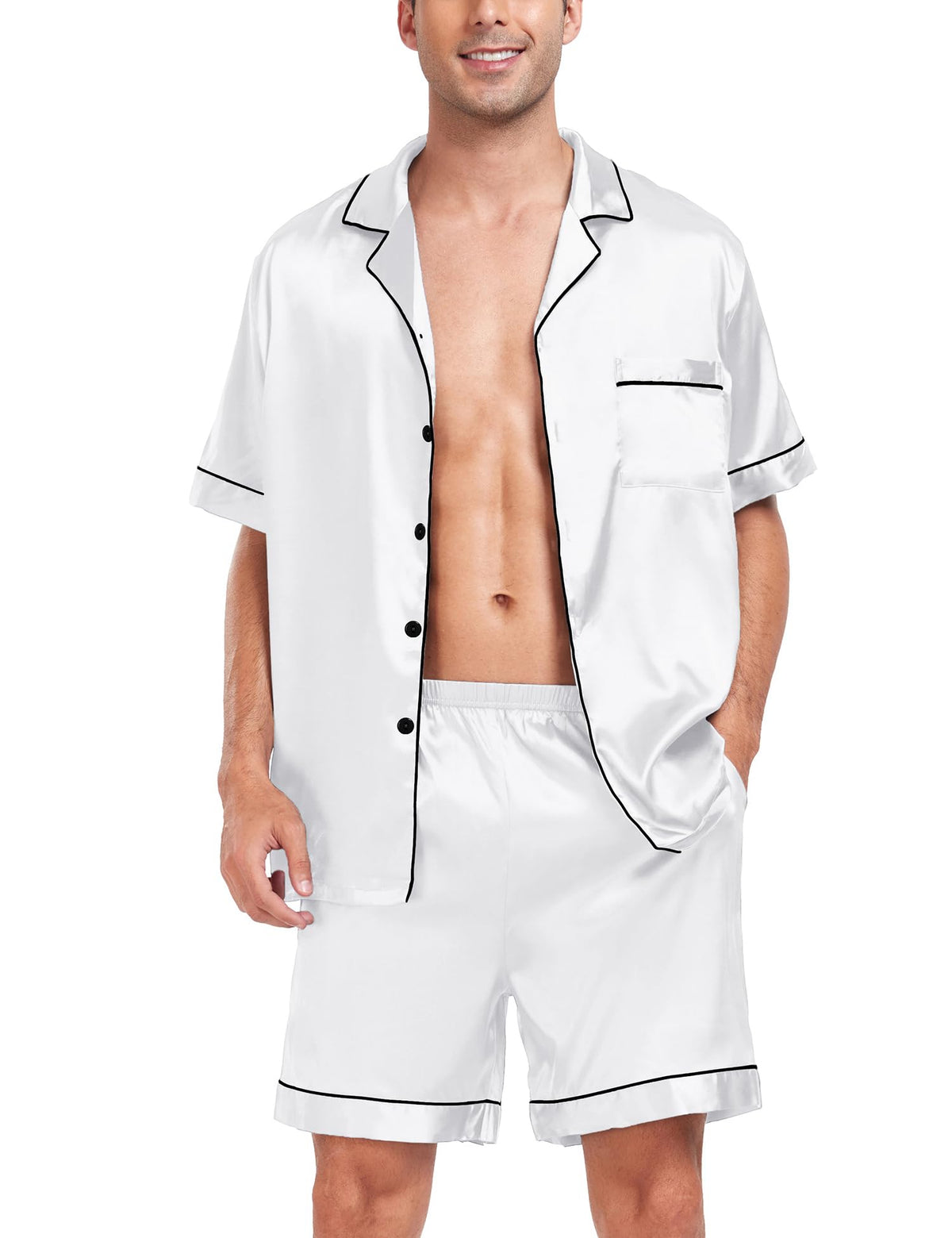 SWOMOG Men Satin Silk Pajamas Sets Short Sleeve Sleepwear Button-Down PJs Sets Two-Pieces Loungewear with Pockets