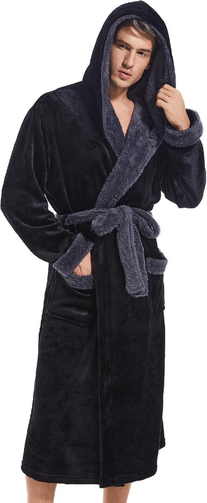 Inner Wish Mens Hooded Robe, Plush Long Highly Absorbent Bath robes Cozy Warm Bathrobe Fuzzy male Spa Robe With Pockets