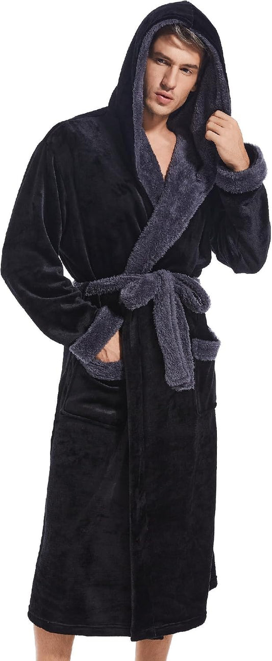 Inner Wish Mens Hooded Robe, Plush Long Highly Absorbent Bath robes Cozy Warm Bathrobe Fuzzy male Spa Robe With Pockets