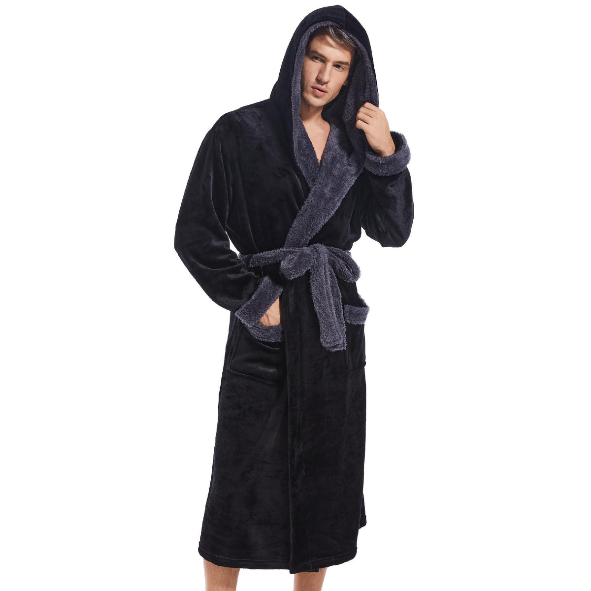 Inner Wish Mens Hooded Robe, Plush Long Highly Absorbent Bath robes Cozy Warm Bathrobe Fuzzy male Spa Robe With Pockets