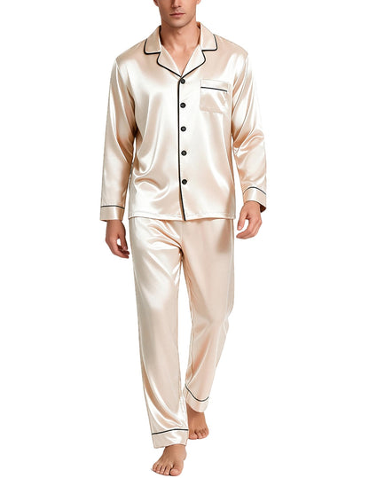 SWOMOG Mens Silk Satin Pajamas Set Long Sleeve Sleepwear Button-Down Pj Two-piece Loungewear with Long Pants S-XXL