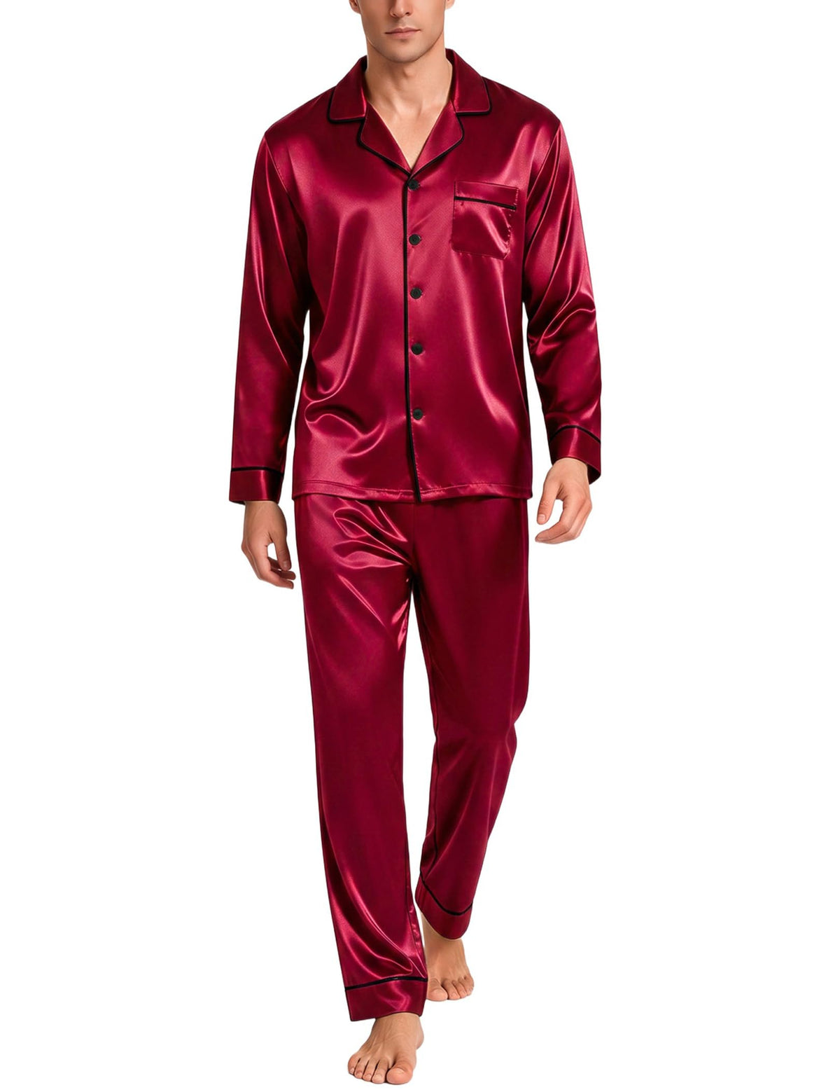 SWOMOG Mens Silk Satin Pajamas Set Long Sleeve Sleepwear Button-Down Pj Two-piece Loungewear with Long Pants S-XXL