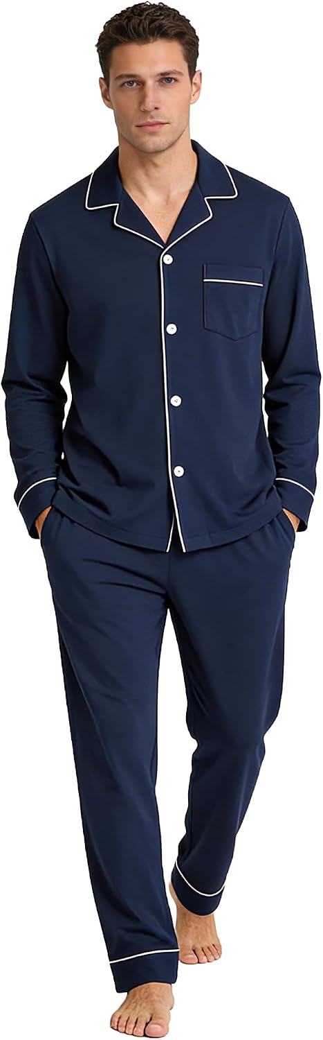 U2SKIIN Men's 100% Cotton Pajama Set, Soft Button Down Sleepwear Lounge Pjs
