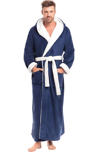 Men's Plush Fleece Hooded Robe with Pockets, Long Bathrobe