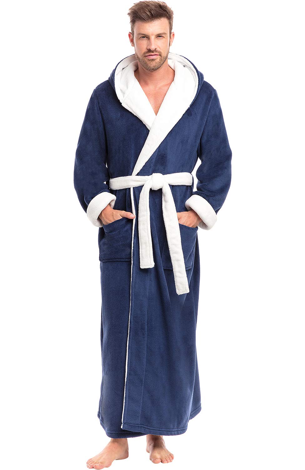 Men's Plush Fleece Hooded Robe with Pockets, Long Bathrobe