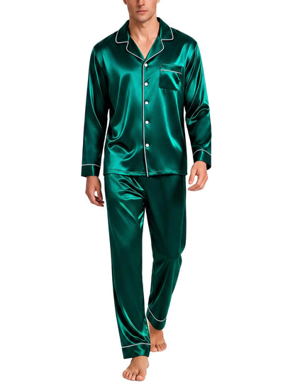 SWOMOG Mens Silk Satin Pajamas Set Long Sleeve Sleepwear Button-Down Pj Two-piece Loungewear with Long Pants S-XXL