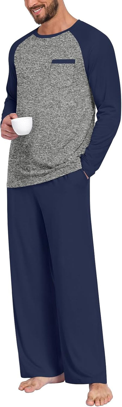 Anyhold Mens Pajamas Set Fall Long Sleeve Matching Couple Pjs Pocket