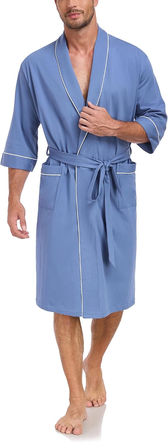 EA'S SECRET 100% Cotton Men's Lightweight Robe Summer Short Sleeve Bathrobe Soft Knee Length Robe with Pockets