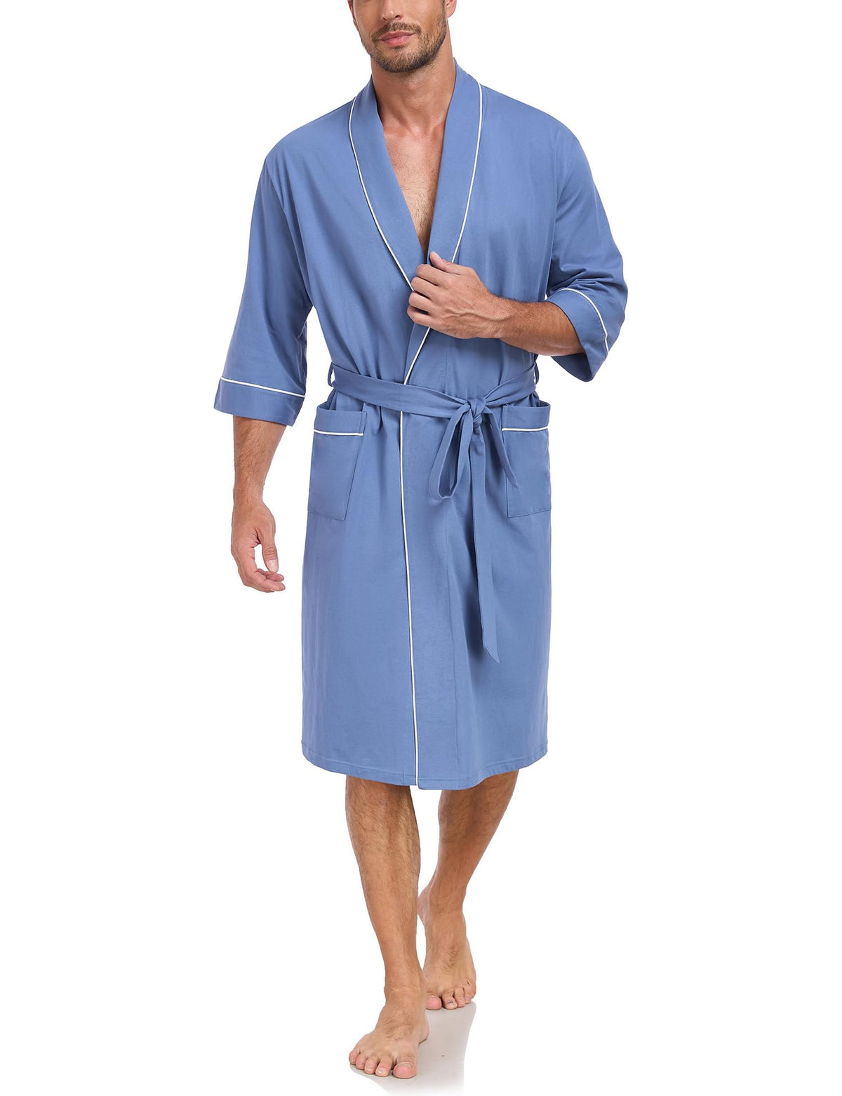 EA'S SECRET 100% Cotton Men's Lightweight Robe Summer Short Sleeve Bathrobe Soft Knee Length Robe with Pockets