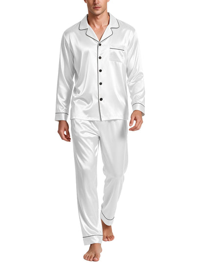 SWOMOG Mens Silk Satin Pajamas Set Long Sleeve Sleepwear Button-Down Pj Two-piece Loungewear with Long Pants S-XXL