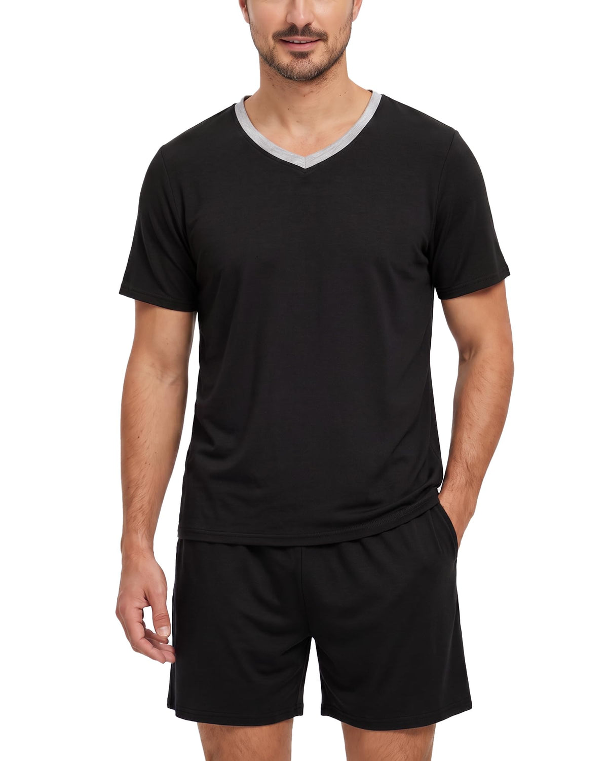 MyFav Mens Pajama Set Soft V Neck PjsShort Sleeves Shirts and Shorts Loungewear Solid Color Sleep Sets