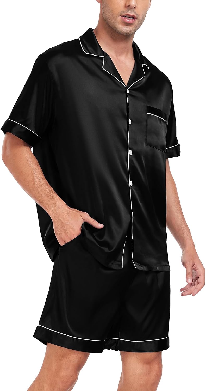 SWOMOG Men Satin Silk Pajamas Sets Short Sleeve Sleepwear Button-Down PJs Sets Two-Pieces Loungewear with Pockets