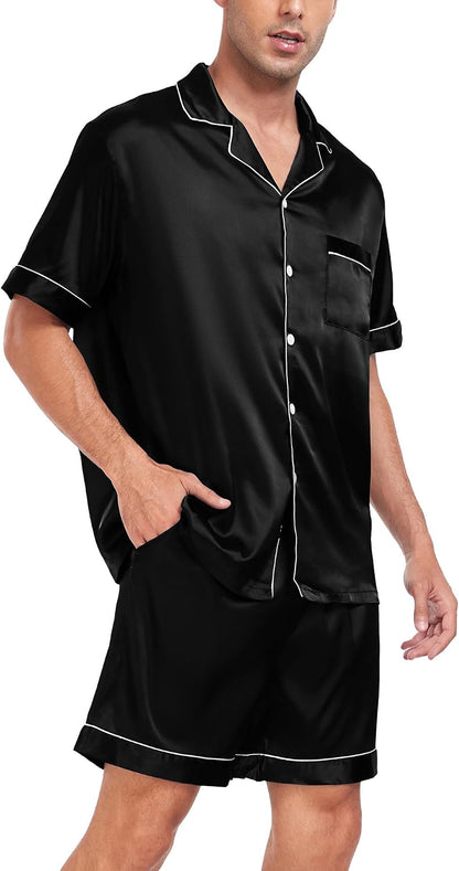SWOMOG Men Satin Silk Pajamas Sets Short Sleeve Sleepwear Button-Down PJs Sets Two-Pieces Loungewear with Pockets