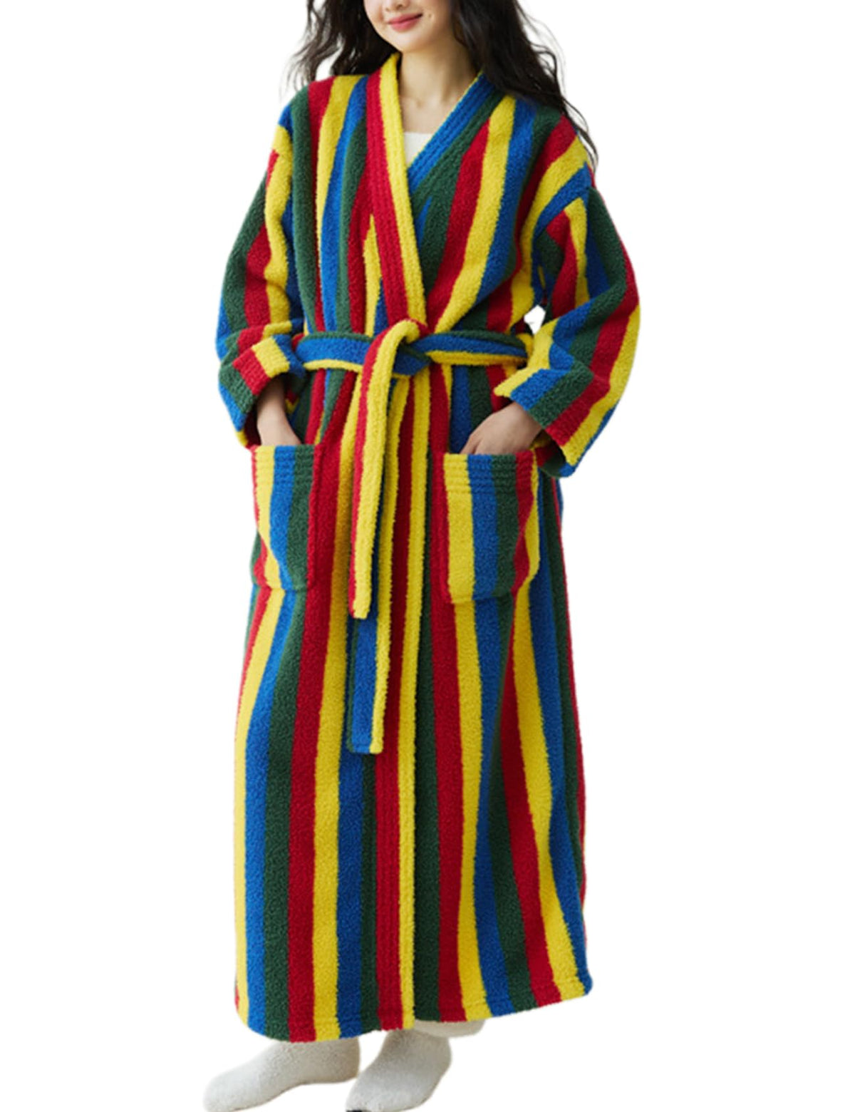 Arssm Womens Striped Fluffy Robe Long Plush Fuzzy Warm Bathrobes