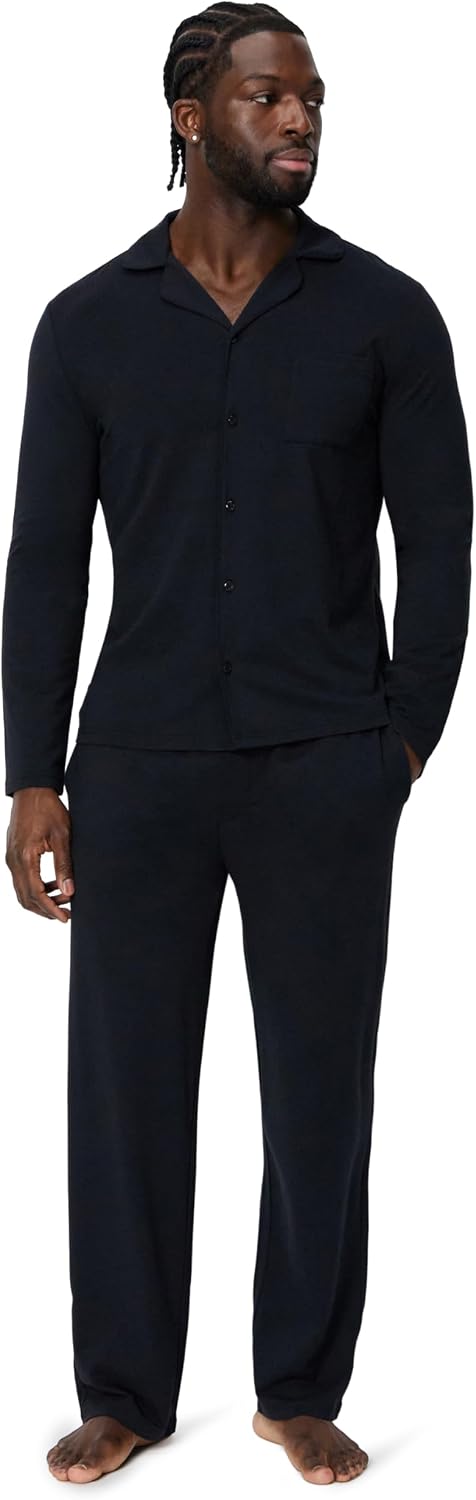 Amazon Essentials Men's Cotton-Modal Pajama Set, Long Sleeve Button-Down Top with Pants