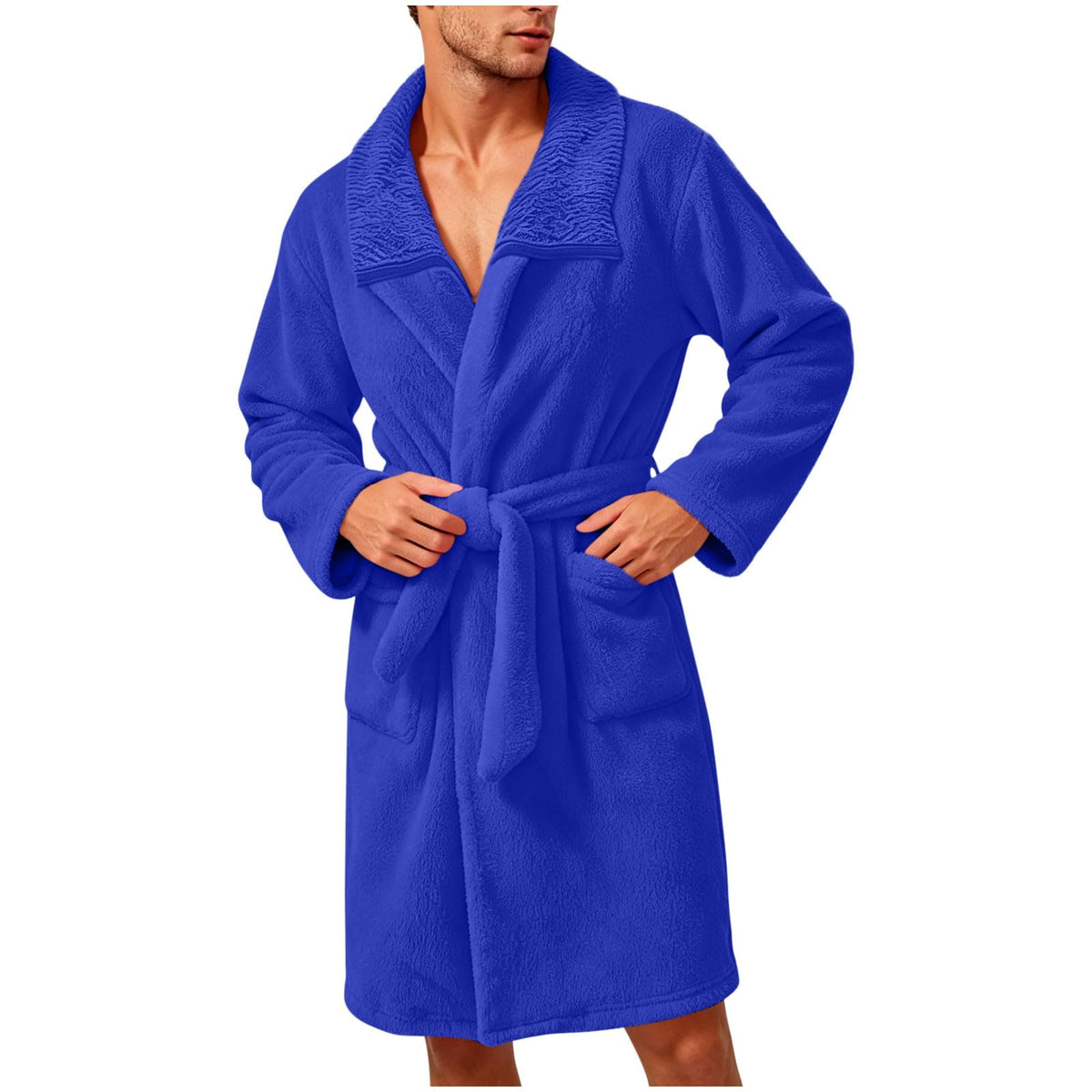 Robe for Men Fuzzy Fleece Collared Long Sleeve Thermal Bathrobe