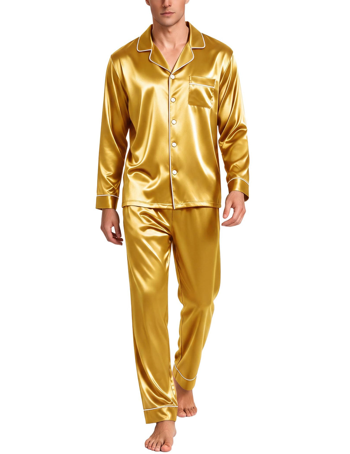 SWOMOG Mens Silk Satin Pajamas Set Long Sleeve Sleepwear Button-Down Pj Two-piece Loungewear with Long Pants S-XXL