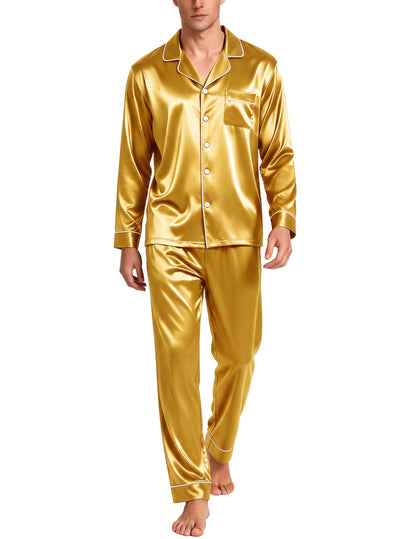 SWOMOG Mens Silk Satin Pajamas Set Long Sleeve Sleepwear Button-Down Pj Two-piece Loungewear with Long Pants S-XXL
