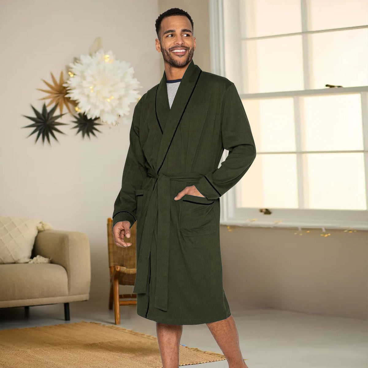 HOLOVE Men's Cotton Lightweight Robes Shower Spa Kimono Bathrobe