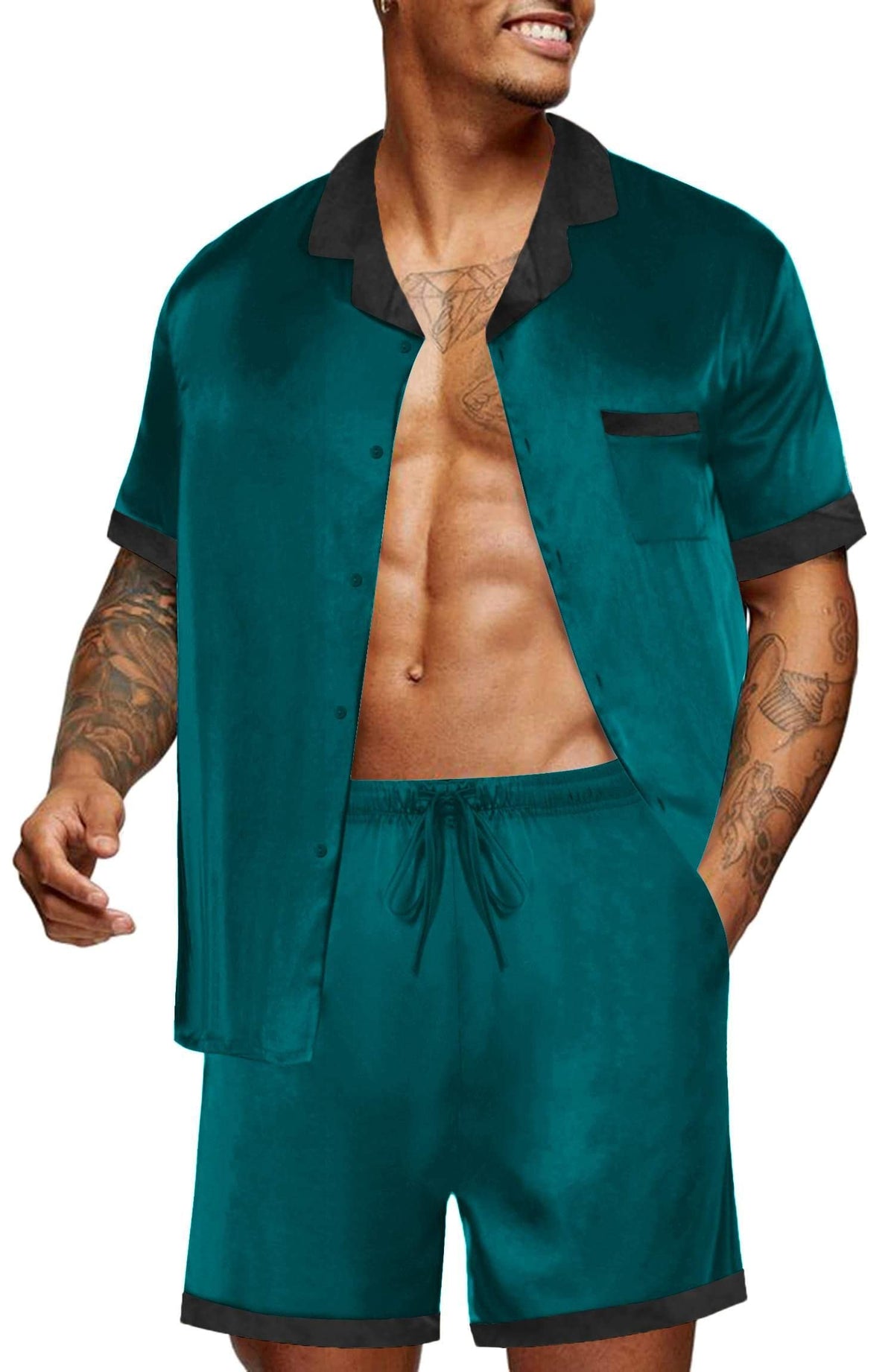 Ekouaer Men Silk Pajamas Set 2 Pieces Satin Pj Button Down Loungewear Sets