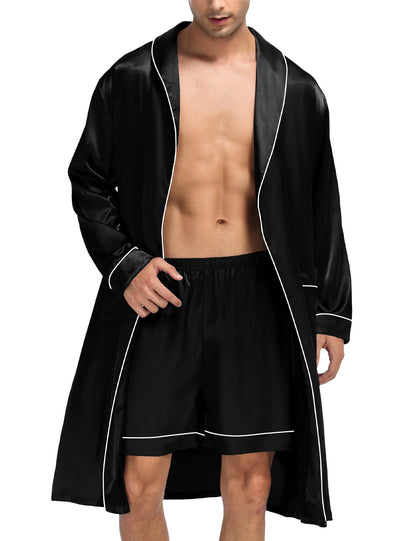 SWOMOG Men's Satin Robe Silky Kimono Bathrobe with Shorts Set Lightweight Soft Loungewear Nightwear