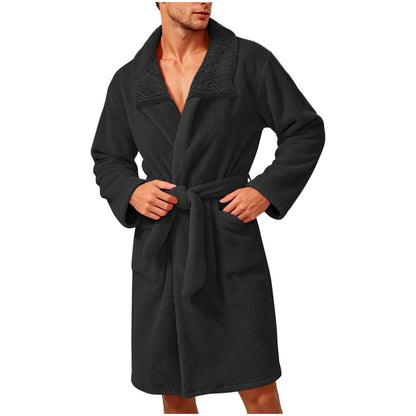 Robe for Men Fuzzy Fleece Collared Long Sleeve Thermal Bathrobe