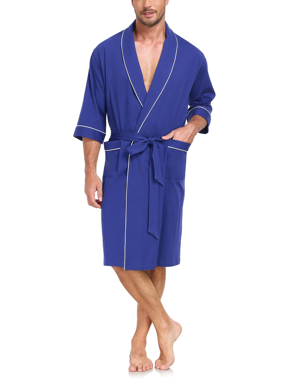 EA'S SECRET 100% Cotton Men's Lightweight Robe Summer Short Sleeve Bathrobe Soft Knee Length Robe with Pockets