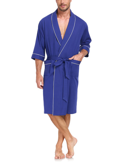 EA'S SECRET 100% Cotton Men's Lightweight Robe Summer Short Sleeve Bathrobe Soft Knee Length Robe with Pockets