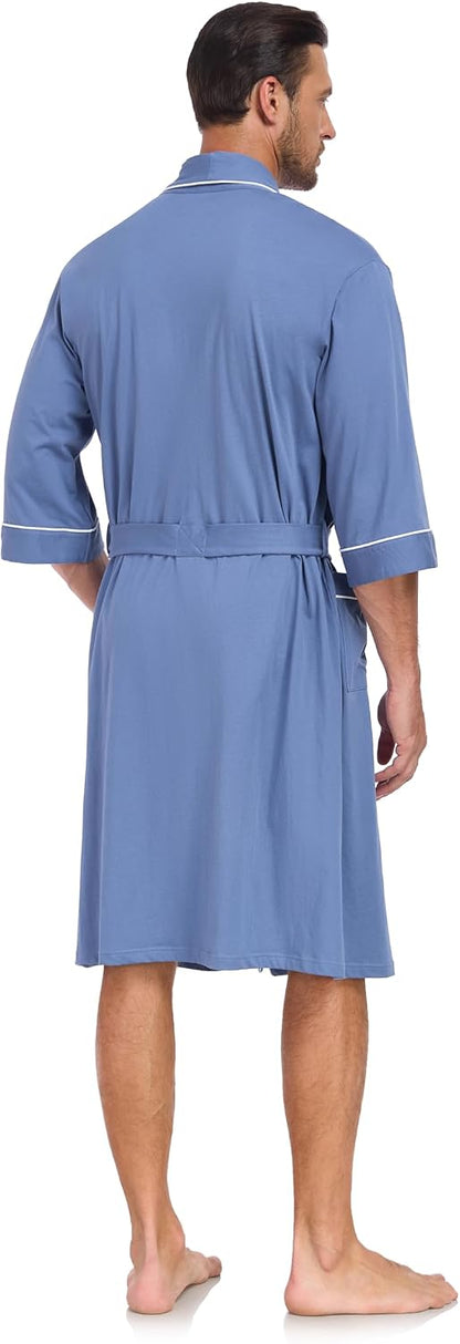 EA'S SECRET 100% Cotton Men's Lightweight Robe Summer Short Sleeve Bathrobe Soft Knee Length Robe with Pockets