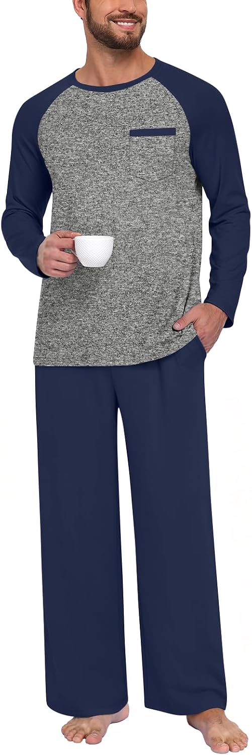 Anyhold Mens Pajamas Set Fall Long Sleeve Matching Couple Pjs Pocket
