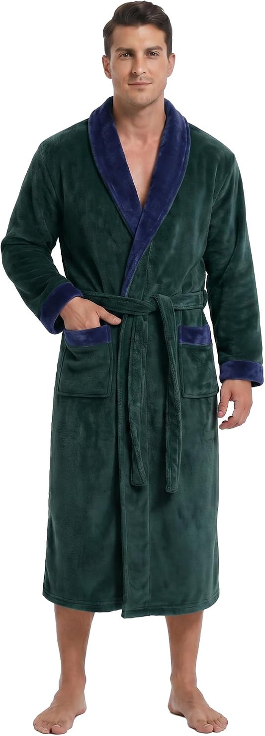 Vulcanodon Mens Robe Plush Fleece Shawl Collar Bathrobe Warm Soft Cozy Lounge Robe with Pockets
