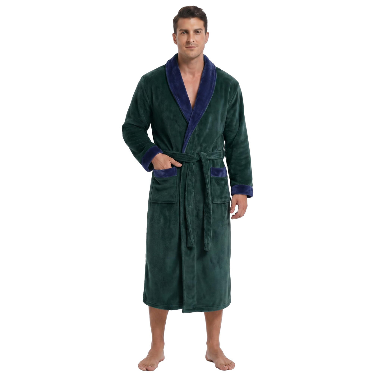 Vulcanodon Mens Robe Plush Fleece Shawl Collar Bathrobe Warm Soft Cozy Lounge Robe with Pockets