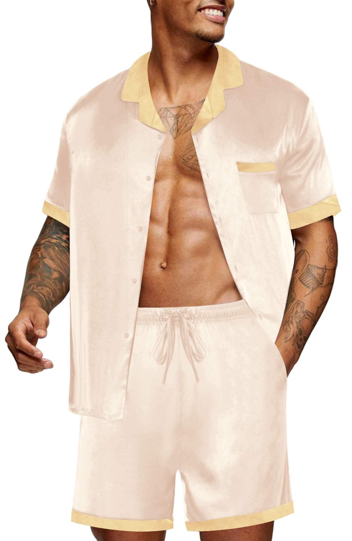 Ekouaer Men Silk Pajamas Set 2 Pieces Satin Pj Button Down Loungewear Sets
