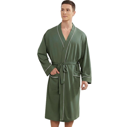 Mens Lightweight Robe, Knit Kimono Bathrobe Spa Sleepwear Soft Knee Length Robe With Pockets