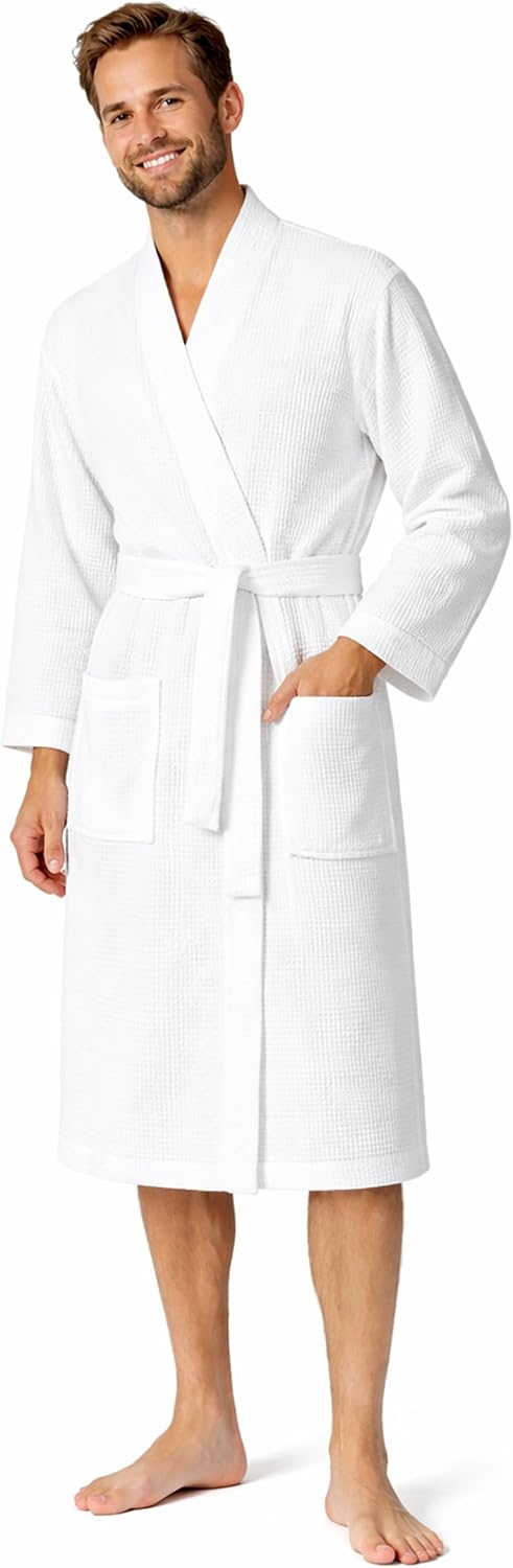 Turkish Linen Men’s Waffle Bathrobe Lightweight Kimono Spa Robe – Quick Dry Bath & Shower Robe for Men with Pockets