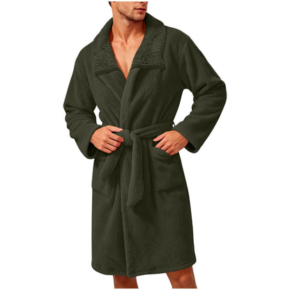 Robe for Men Fuzzy Fleece Collared Long Sleeve Thermal Bathrobe