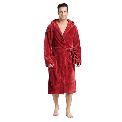 FashGudim Mens Hooded Robe Plush Shawl Collar Kimono Bathrobe Soft Warm Flannel Fleece Spa Robes House Coat Pajamas